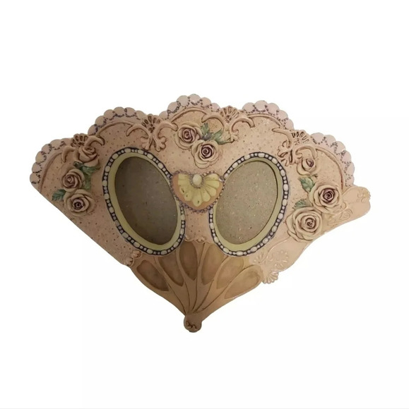 Victorian Hand Painted Rose Design Fan Double Photo Frame for 2x3 Photos - Picture 1 of 10